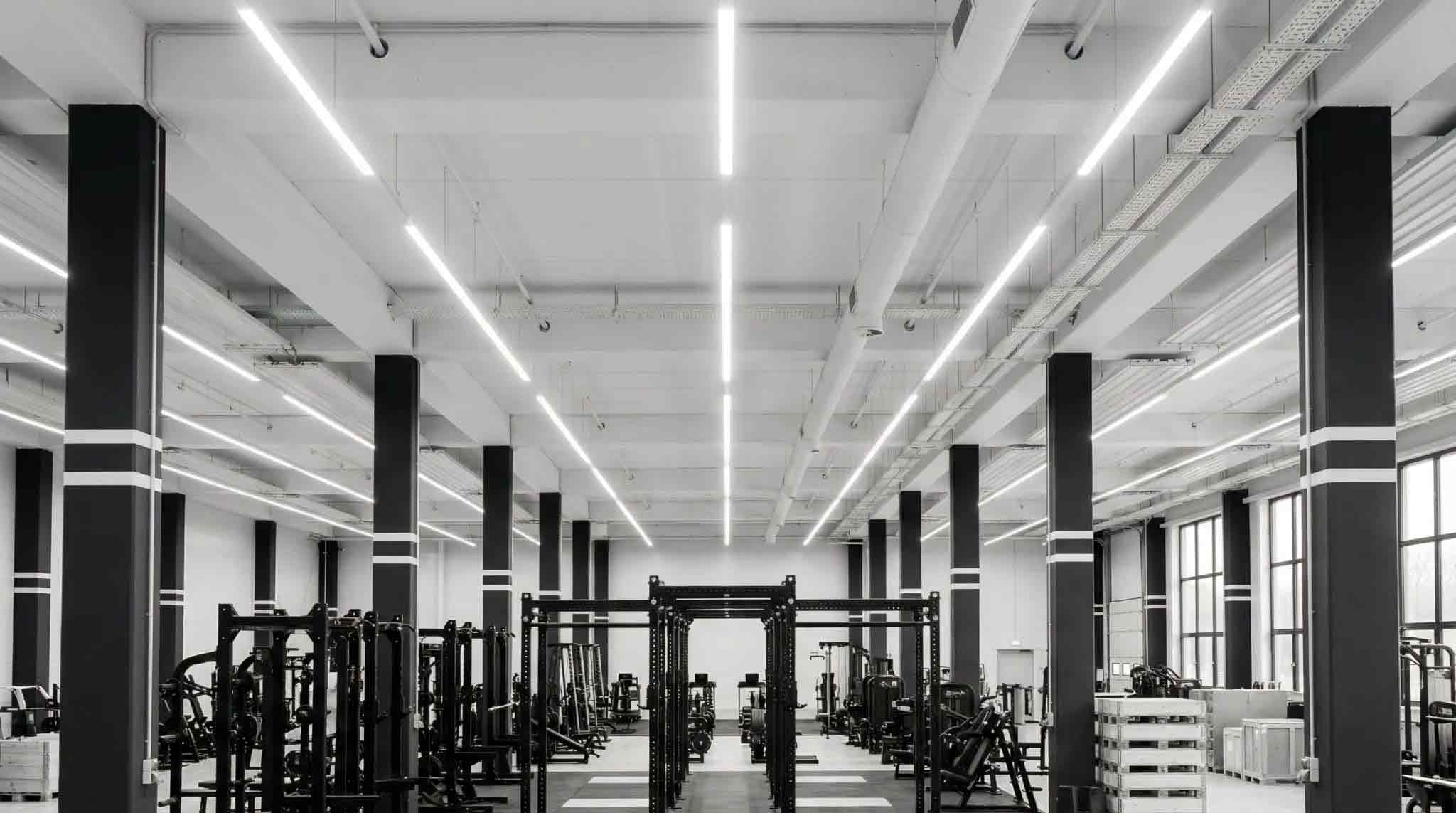Large commercial gym floor with Leadman strength and cardio equipment in organized zones