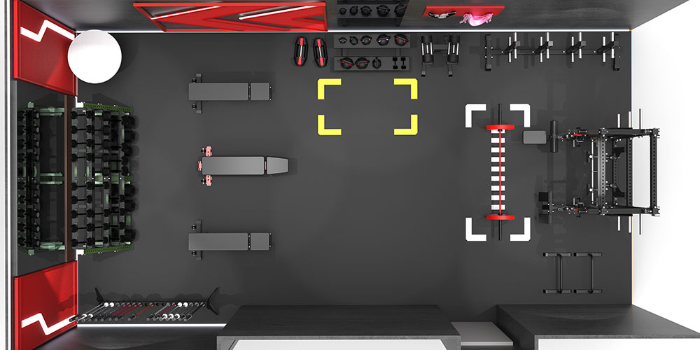 Leadman 3D commercial gym layout plan with optimized training zones and traffic flow