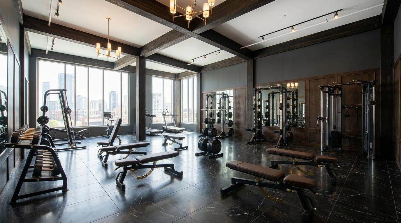 Luxury hotel fitness center with modern Leadman equipment, complementing the elegant interior design